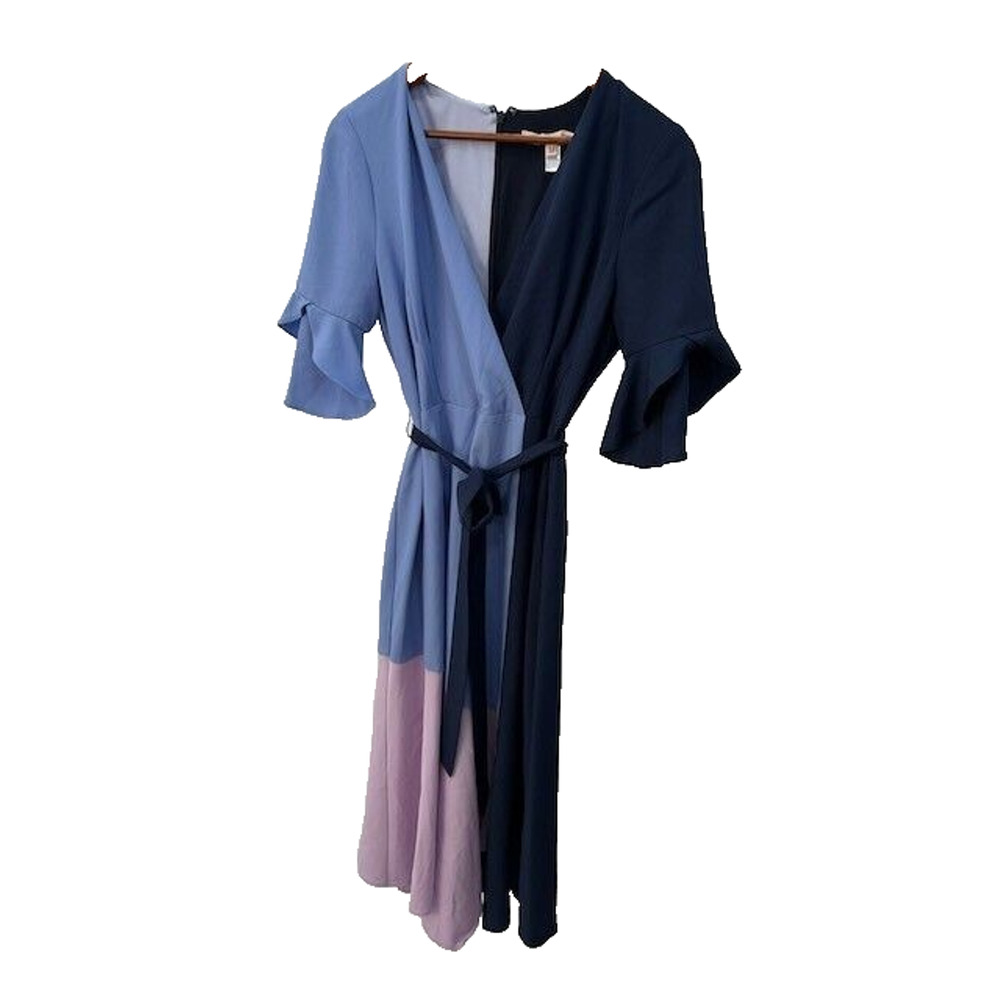 Hutch Faux Wrap Dress Short Sleeves Knee Length Tie Waist Colorblock Blue Pink M